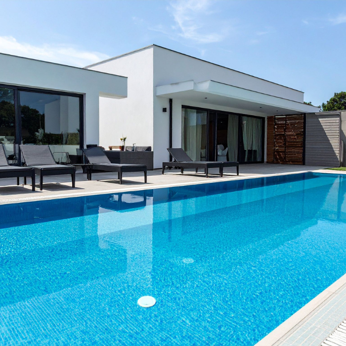 Piscine et plage carrelée d’une villa moderne